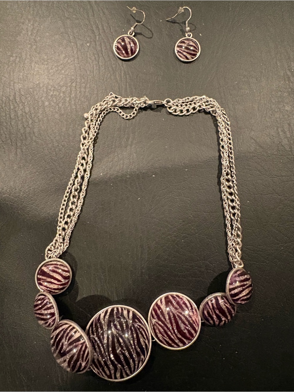 Purple Zebra Glass Disc Necklace and Earrings Set - Women Jewelry